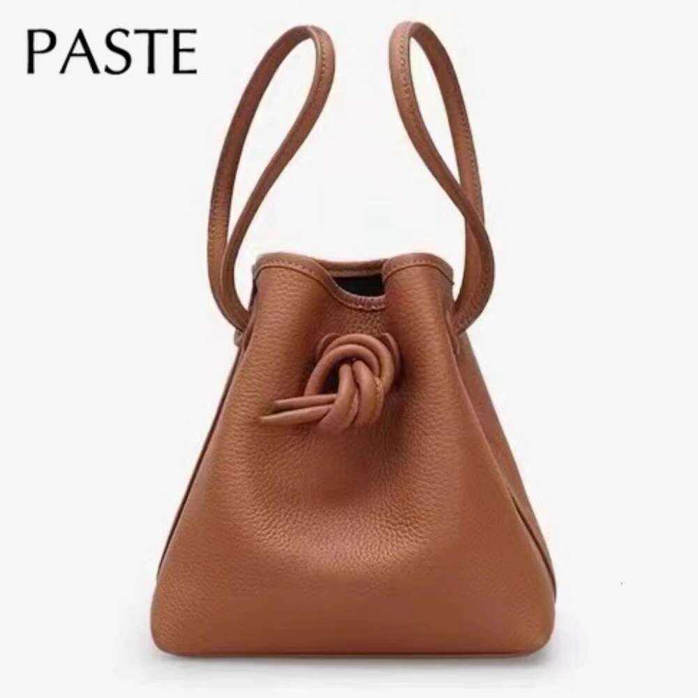 Stylish String Close Tote Small 100% Natural Cow Leather Women's Hand Denim Blue Beige High Quality Ladies Shoulder Bag