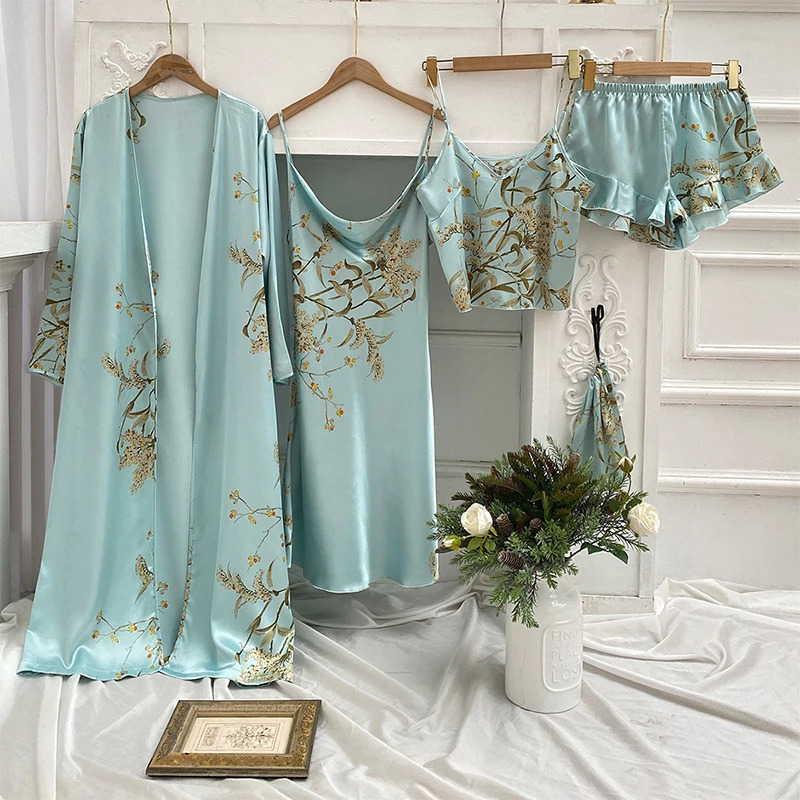4-piece silk sleepwear womens lace satin sleepwear set V-neck Cami sleepwear home sleepwear spring sleepwear 250219