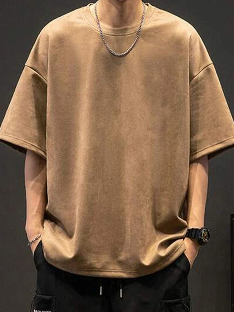 Suede Tshirt Fashion Hip Hop Streetwear Antiwrinkle Short Sleeve T Shirt Men Women Loose Harajuku Summer Casual Tee Top 250218