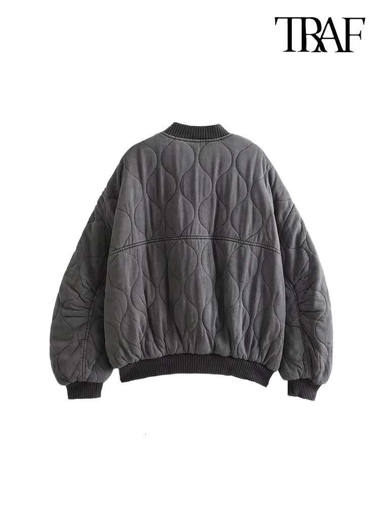 TRAF Women's Fashion Round Collar Single Breasted Long Sleeve Aviator Solid Color Quilted Commuter Warm Casual Jacket