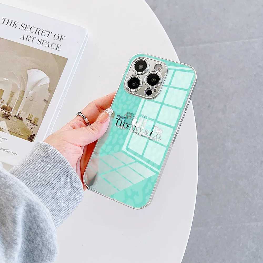 Fashion Blue Phone Case for IPhone 16 15 14 13 12 Mini 11 Pro XS Max XR X 8 7 6 Plus Luxury Tempered Glass T-Tiffany Z250220