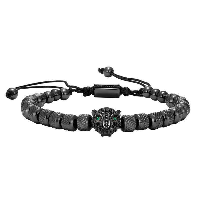 Charm Bracelets Versatile green eyed leopard head stainless steel mesh bead woven bracelet with adjustable bracelet H25220