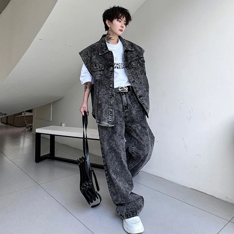 PFNW Two-piece Men Suit Washed Snowflake Pattern Round Hem Denim Vest High Street Jeans Male Set Spring Stylish 28W3286 250220