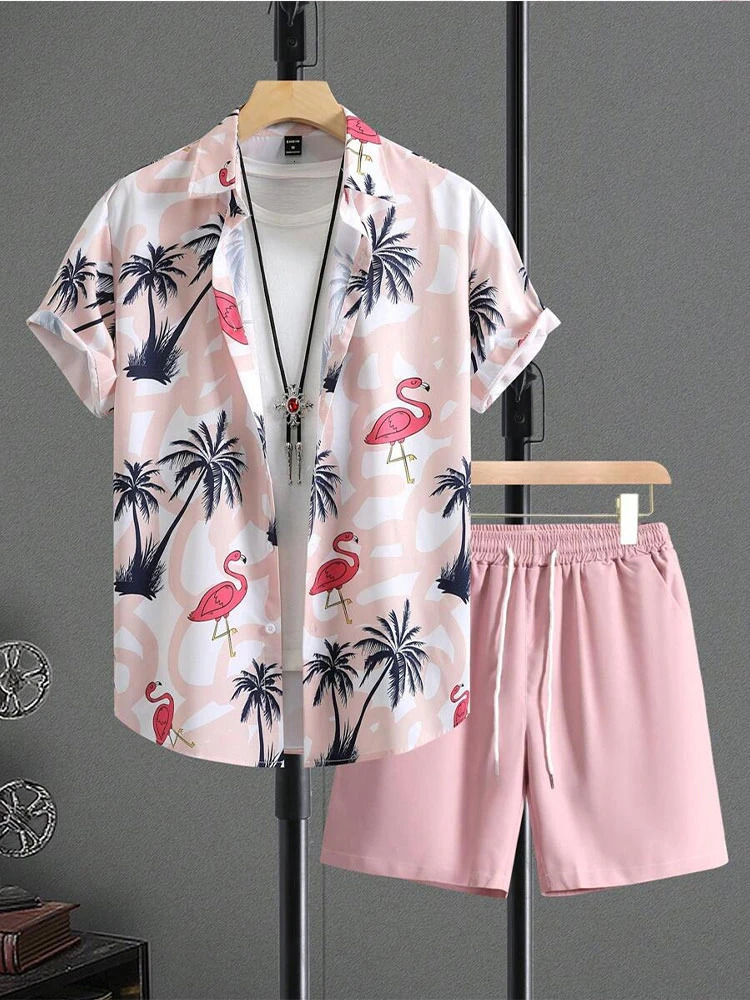 Fashionable floral plant print mens shirt short sleeved 2piece summer beach casual loose shorts top Hawaiian style suit 250220