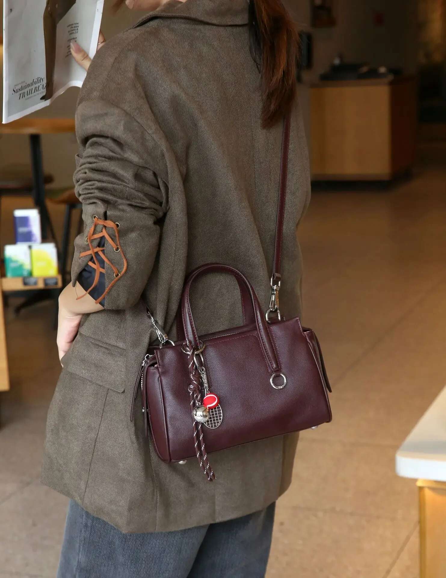 Dropship Vegetable Tanned Top Layer Cowhide Leather Women Handbag Coffee Wine Red Color Female Shoulder Bag