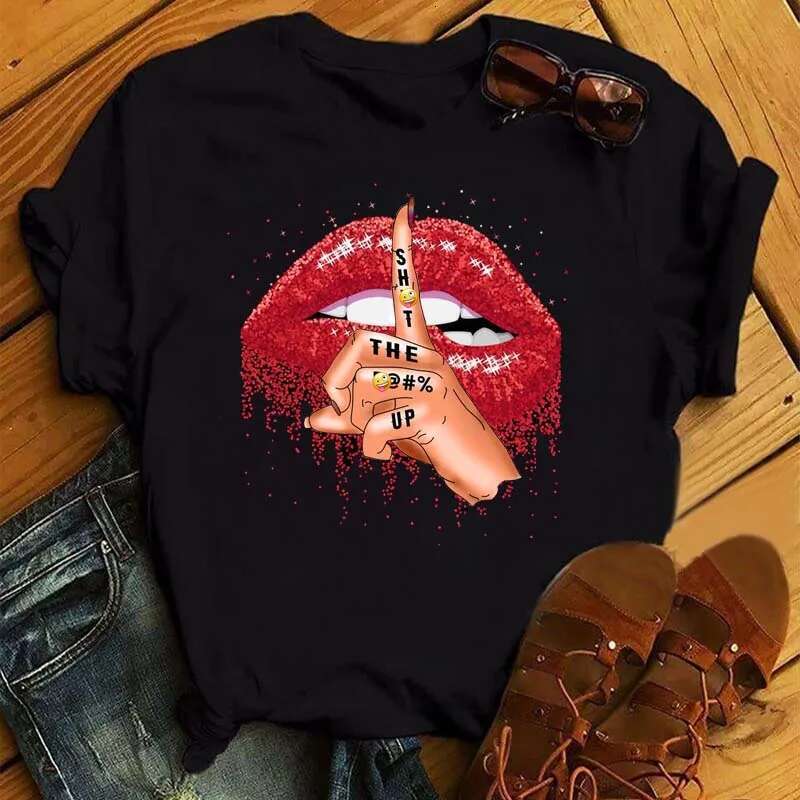 Women's Summer Short Sleeved T-shirts Fashion Red Lips Fingerprint Women's Tshirt Tops Casual Cartoon Women's Pattern Designer T Shirt