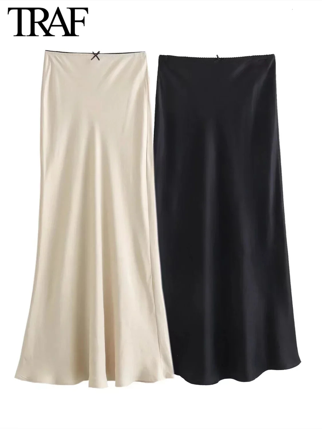 TRAF Women Fashion Spring Satin Texture Bow Decoration Vintage Chic Female High Waist H Line Long Skirts Mujer 250213