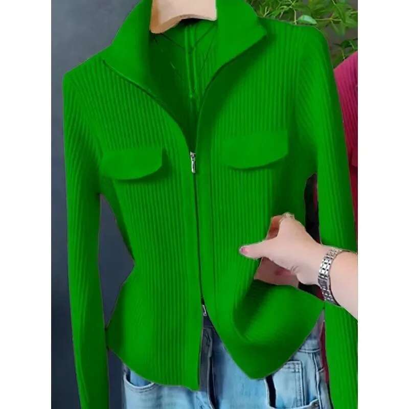 Fashion Zipper Short Knitted Cardigan 2025 Spring Autumn New Korean Versatile Coat Top Turn-Down Col Sweater Solid Color