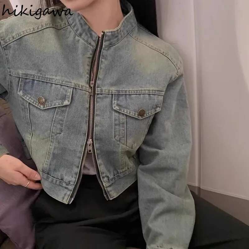 Korean Jackets Women's Clothing Stand Neck Long Sleeve Denim Y2k Tops Casual Fashion Zipper Crop Coats 2024 Ropa Mujer