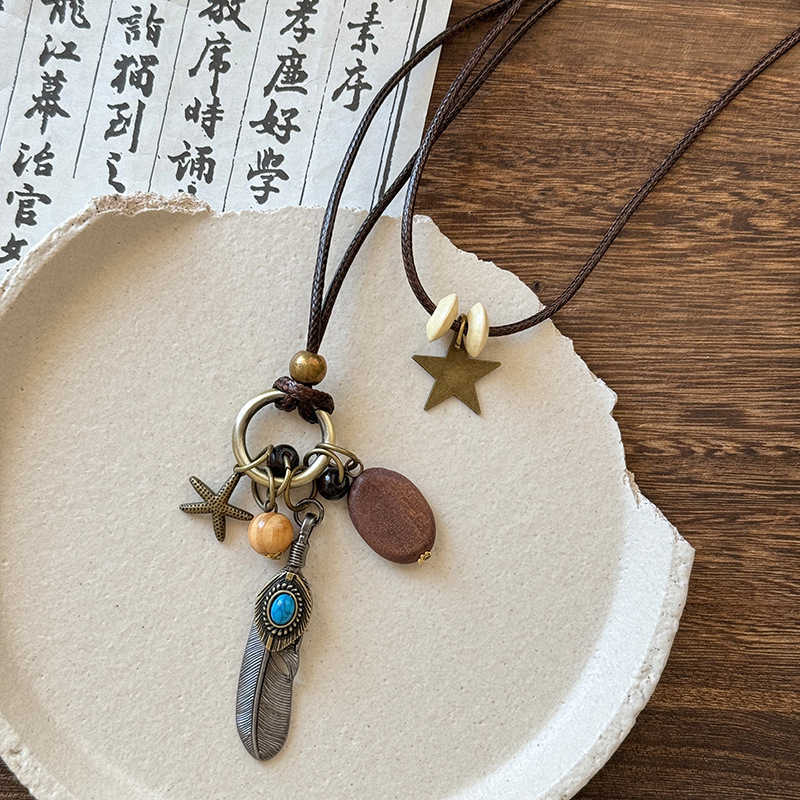 Pendant Necklaces Forest style ethnic wooden pendant necklace for women bohemian style multi-layered layered vacation style long necklace H25219