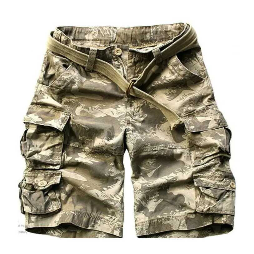 High Quality Camouflage Cotton Cargo Shorts For Men Summer Multi Pocket Military Knee Length Casual Mens shorts ( Free Belt ) X250220