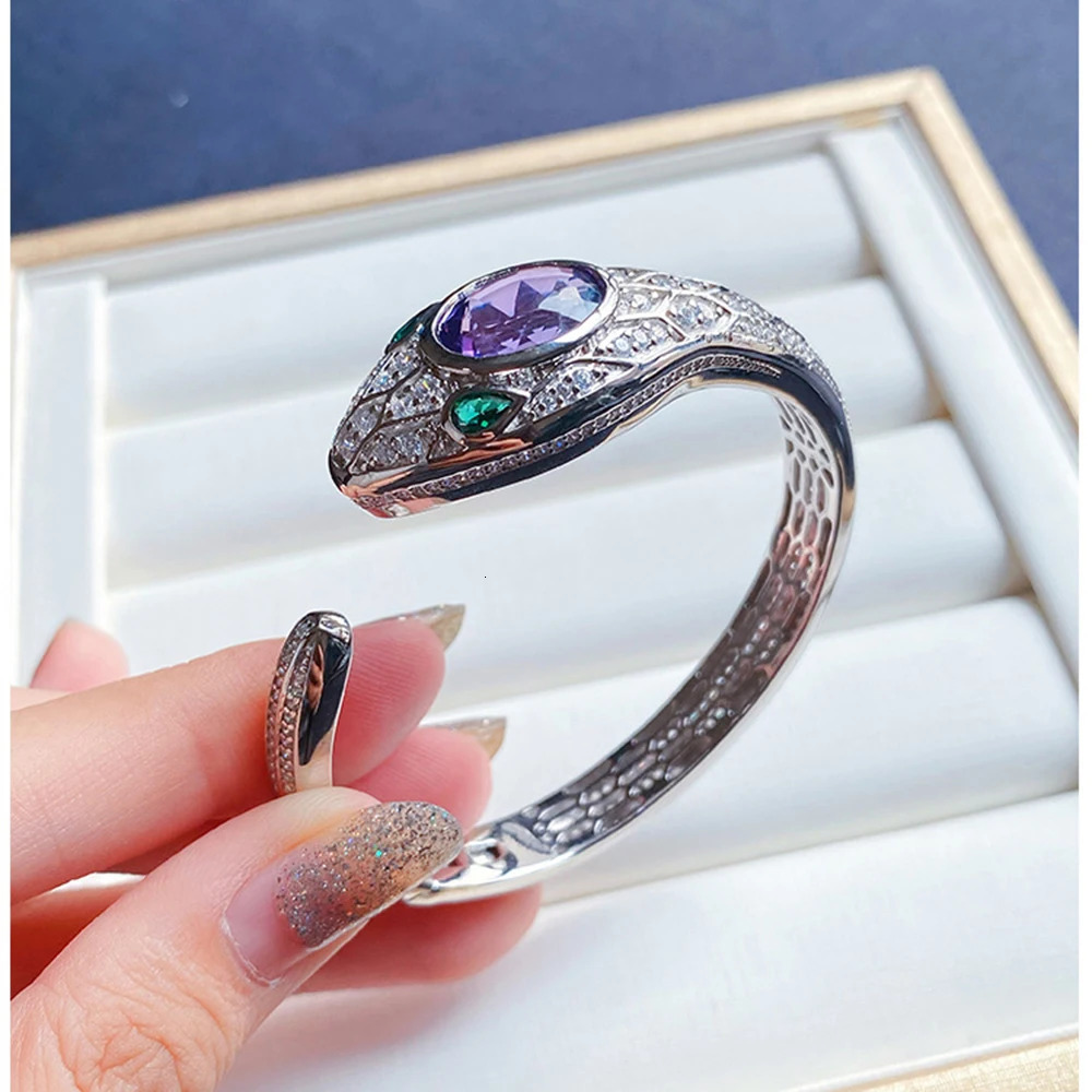 Silver Color Snake Shape Bracelets for Women Fashion Inlaid Amethyst Opening Cuff Bangles wholesale Jewelry 250220
