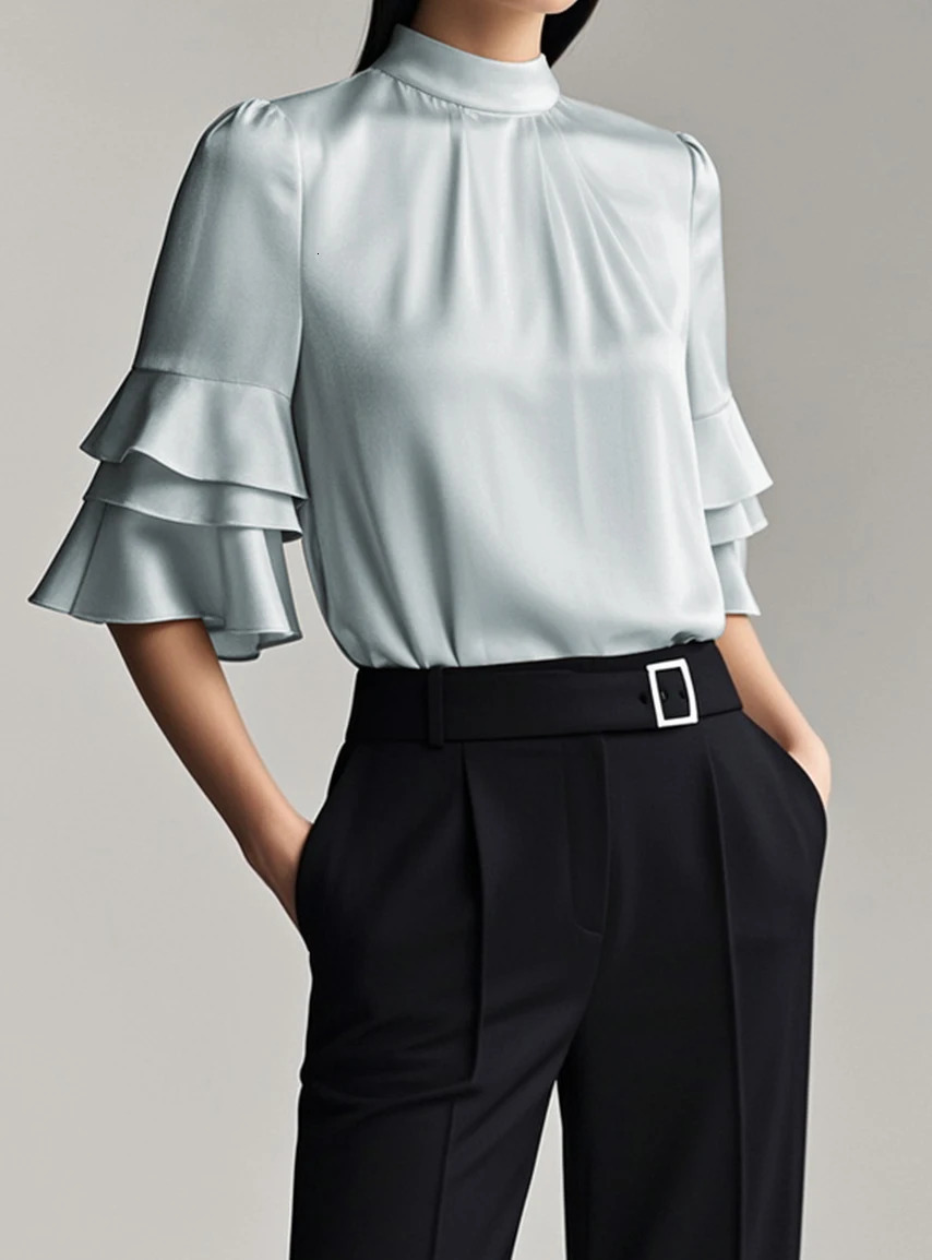 Modigirl est Summer Women Elegant Blouse Business Work Casual Half Ruffle Sleeves Layered White Woman Shirts Top Trendy 250219