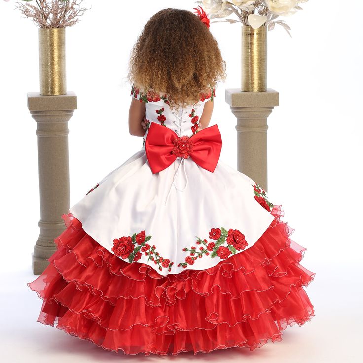 White and Red Charro Girls Pageant Dresses Tiered Floor Length Embroidery Floral Toddler Birthday Party Dress Kids Formal Wear Wedding Flower Girl Dre