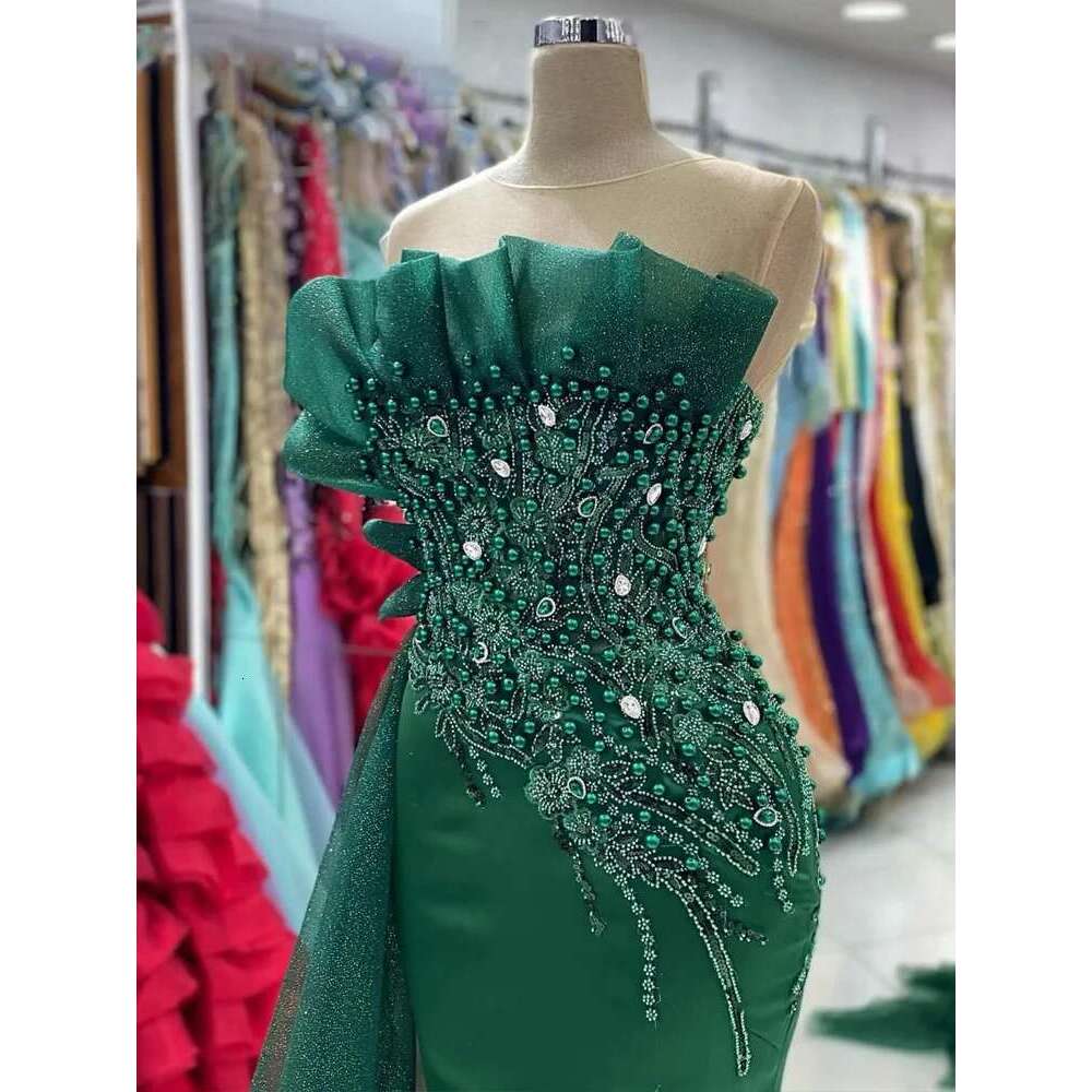 Green mermaid prom trimmed crystals appliques formal evening party be reception birthday engagement dress soiree robe