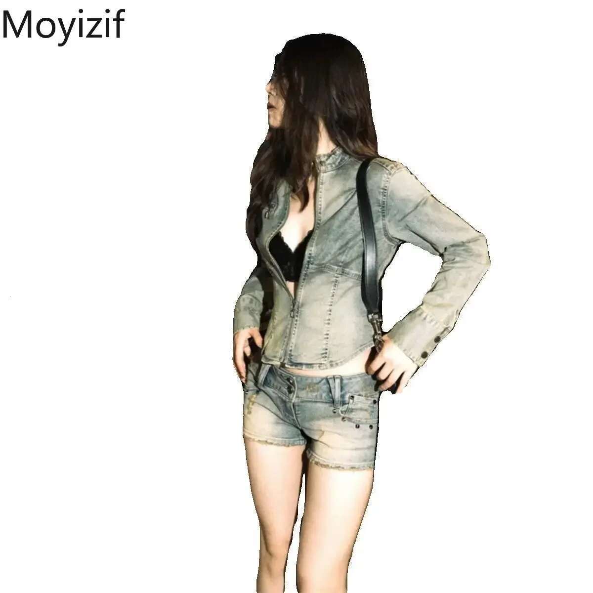 American Spicy Girl Washed Old Slim Denim Jackets Tops Spring New Fashion Stand up Neck Zipper Short Coat Women Clothing