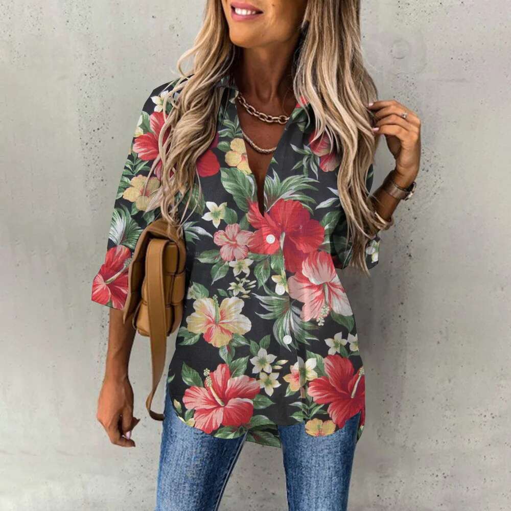 Summer Women's Hawaiian Shirts Hawaii Beach Print Fashion Resort Clothes Polo Collar Long Sleeve Blouse Tops Spring Plus Sizes
