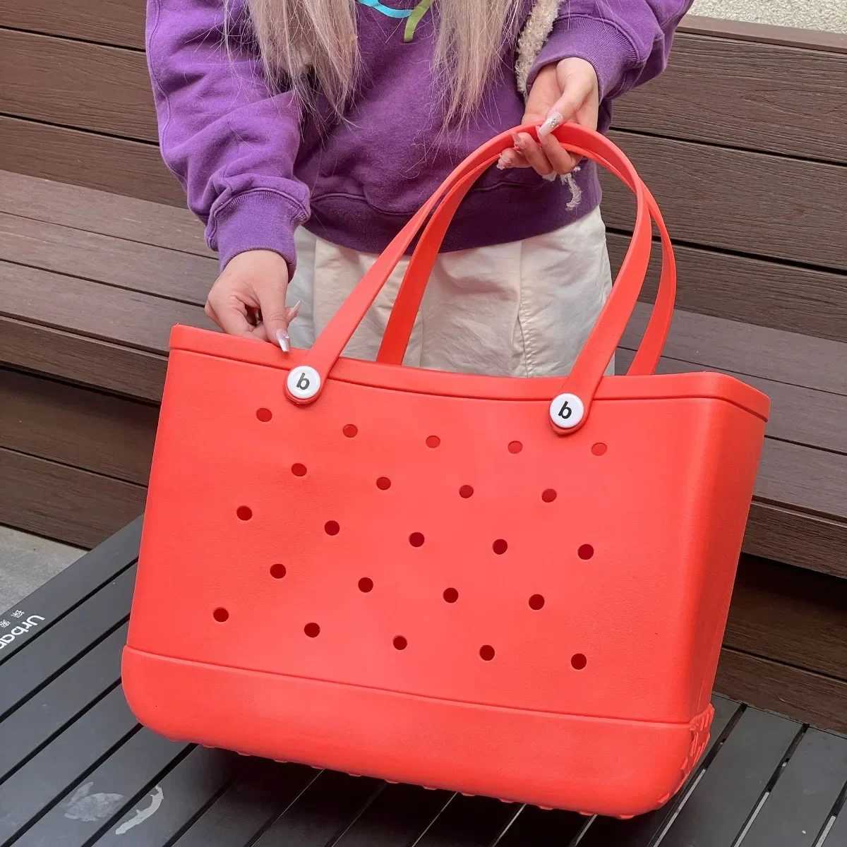 L/XL Croc Beach Tote Bag Rubber EVA Waterproof Basket Extra Large Women Shopping Shoulder Handbag Beach Jelly Sac Tote Bag PurseC250412
