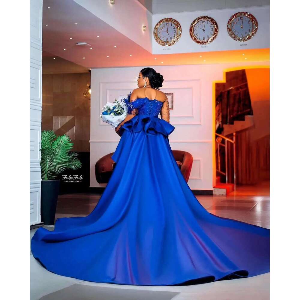 Mermaid African Frissade Wedding Full Sleeves, Long Prom Dresses, Detachable Train, Bright Ebi Ass, Royal Blue