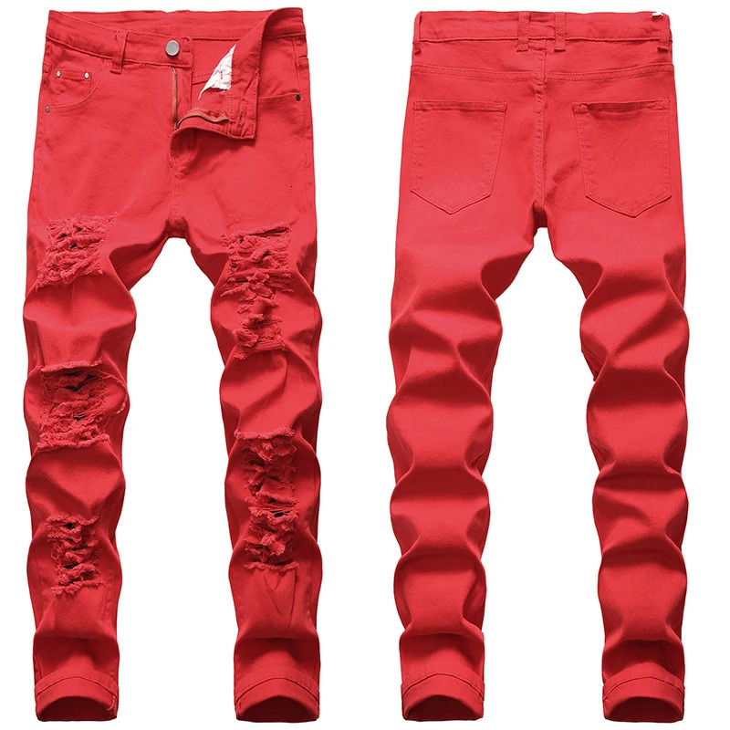 Jeans Straight Motorcycle Beggar Pants Large Size European Hole White Red Black And American Mens Denim 250219