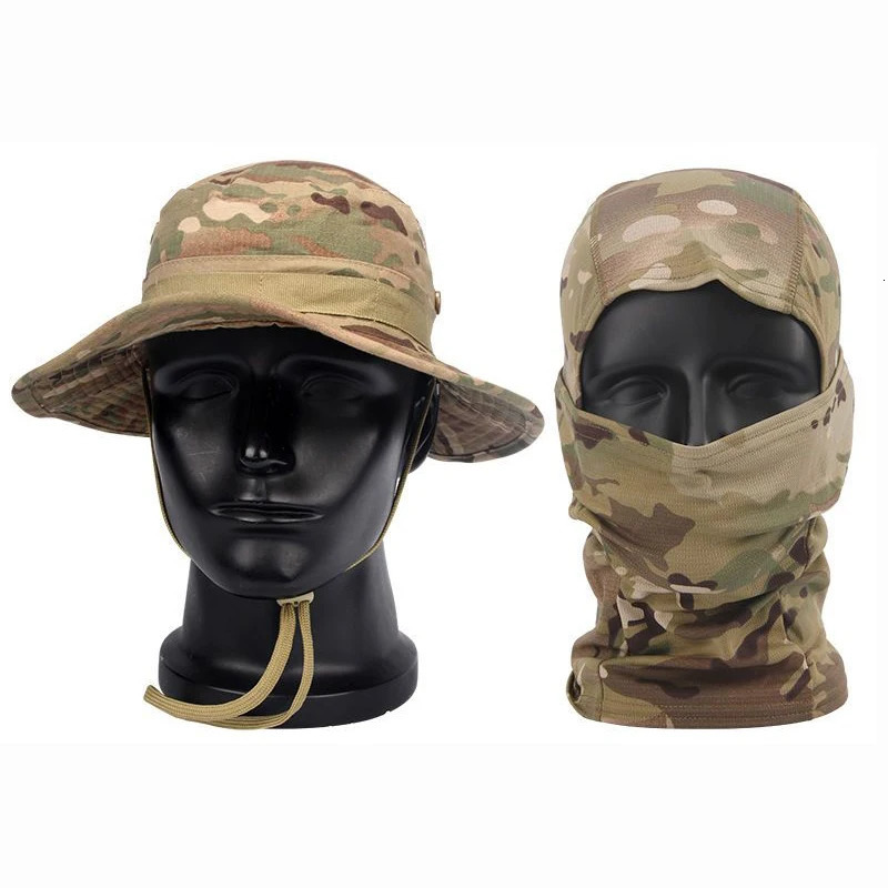 Camouflage Wide Brimmed Hat Balaclava Set Mens Outdoor Sunshade Boonie Cap Foldable Fisherman Fishing Sun Protection 250210