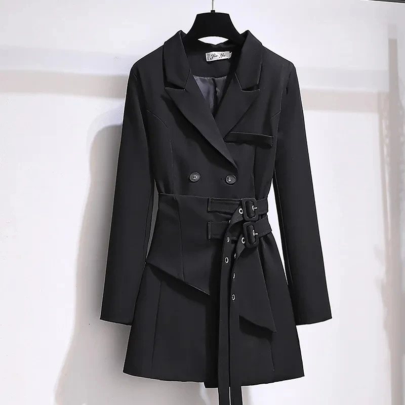 Women Blazer Autumn Clothing Belt Coats Long Sleeve Jacket Irregular Suit Dress for OL Solid Femme 250213