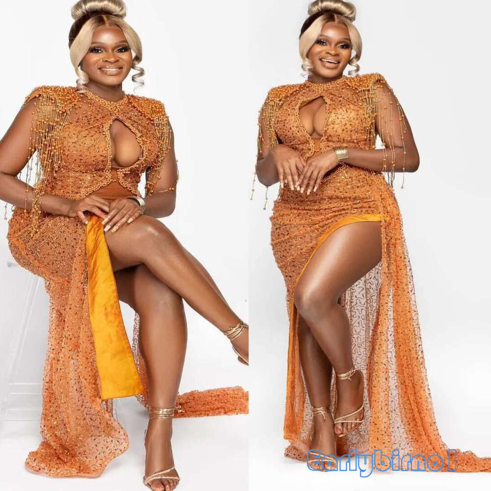 Aso Ebi Orange Sheath Prom Dresses 2025 Beadings Pearls Sequined Evening Formal Party Second Birthday Engagement Gowns Plus Size Dress For Special Ocn