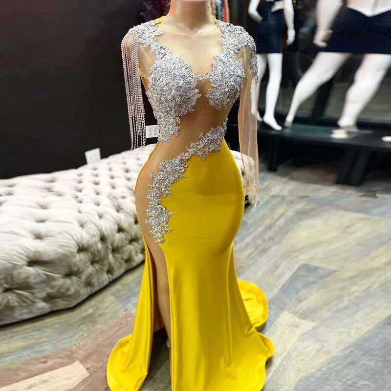 Sexy Yellow Prom Dresses 2025 for Black Girl Mermaid Illusion Bead Tassel Evening Gowns Graduation Gala Dress Customized
