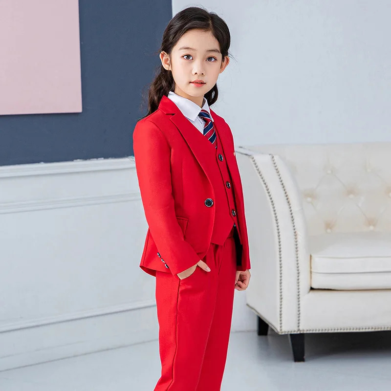 Girls Red Formal Suit Set Childrens Princess Wedding Show Host Costume Kids Blazer Vest Shirts Pants Tie Clothing Sets 250219