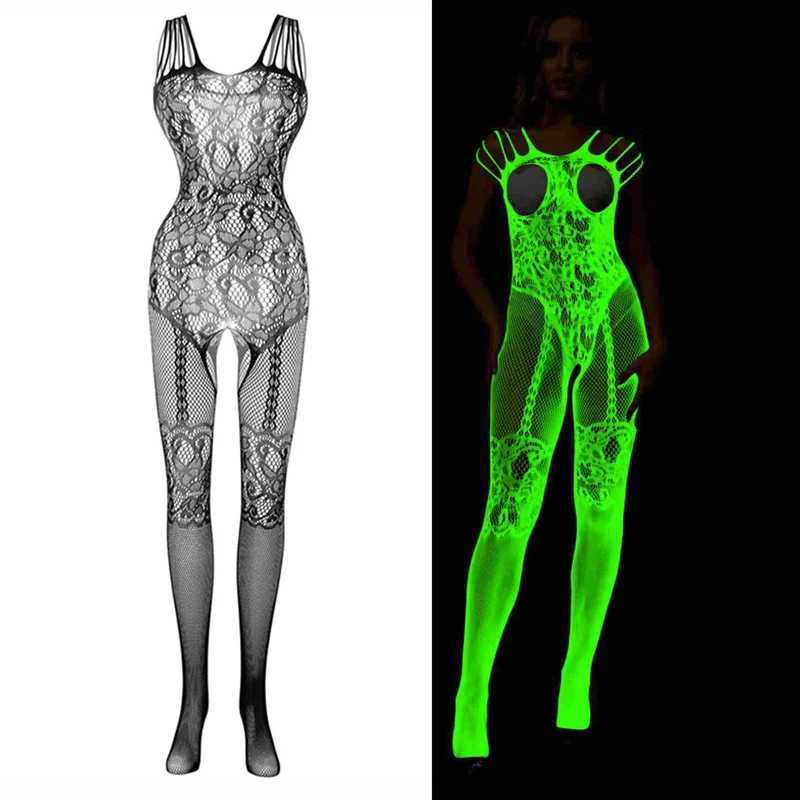 One Pieces Luminous Bodysuit Erotic Glowing Hollow Out Bodystockings Sexy Lingerie Mesh Body Women Transparent Sex Costumes W250220