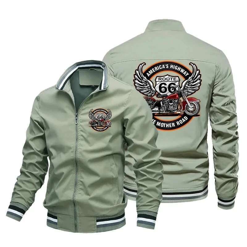 Retro printed motorcycle Route 66 driver jacket for men, red, street fashion, riding, race windshield