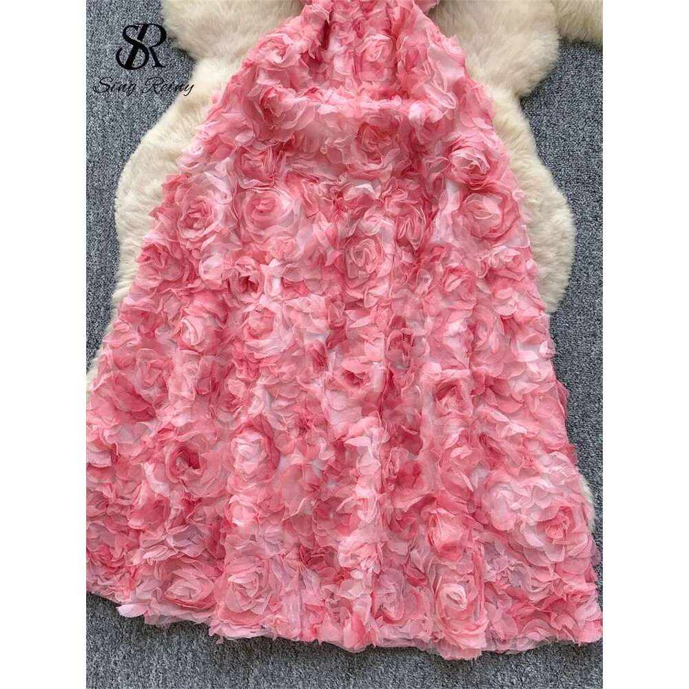 SINGREINY Elegant Evening Party Ladies V Neck Beading Sleeveless Sundress Rose Splice Chic Long Spaghetti Strap Dress