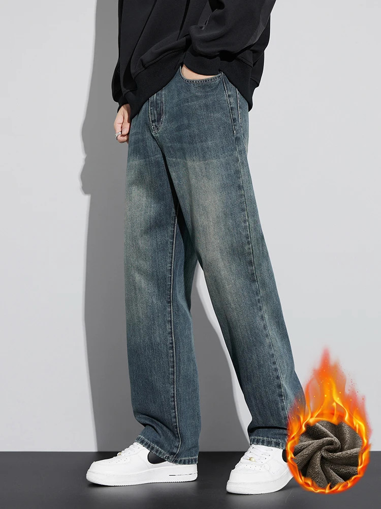 Fleece Baggy Straight Jeans Men Winter Classic Vintage Blue Wide Leg Denim Pants Fashion Korean Thickened Warm Male Trousers 250219