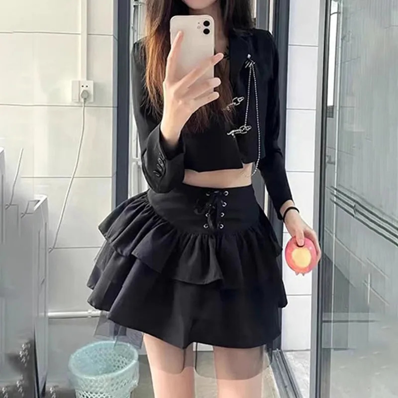 Womens Summer Y2k MultiLayered Mesh Cake Skirt High Waisted Lace Patchwork Up JK Fluffy Black 250220