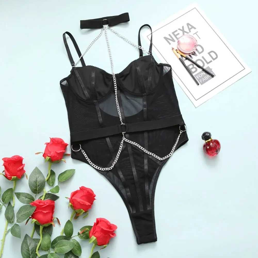 Porn Black Fitness Bodysuit Women Erotic Sexy Lingerie for Sex with Halter Chain See Through Teddy Body Suit Lace Tights W250220