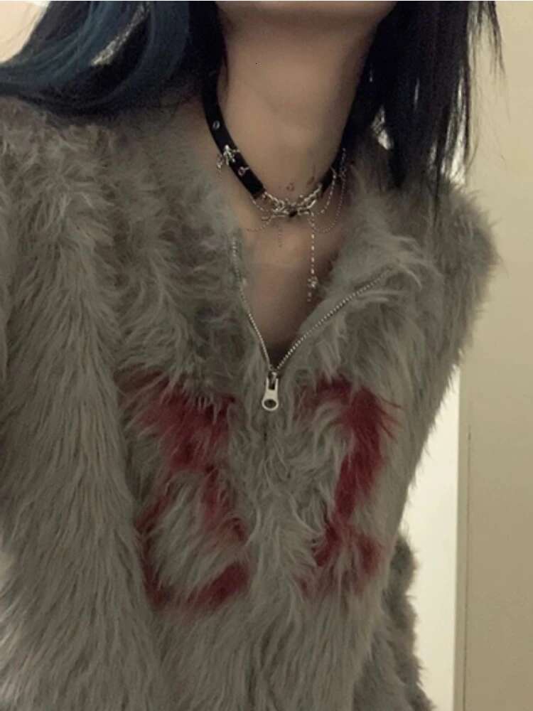 Y2k Aesthetic Jacquard Loose Cardigan Streetwear Women's Fur Double Zippers Sweaters Haruku Fairy Knitted Grunge Sweet Coats
