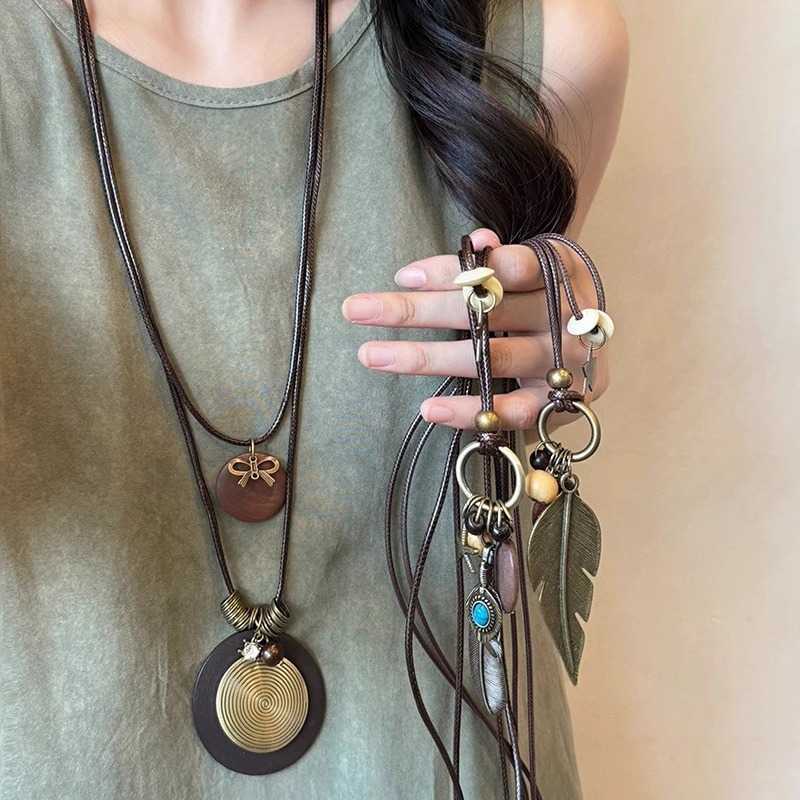 Pendant Necklaces Forest style ethnic wooden pendant necklace for women bohemian style multi-layered layered vacation style long necklace H25219