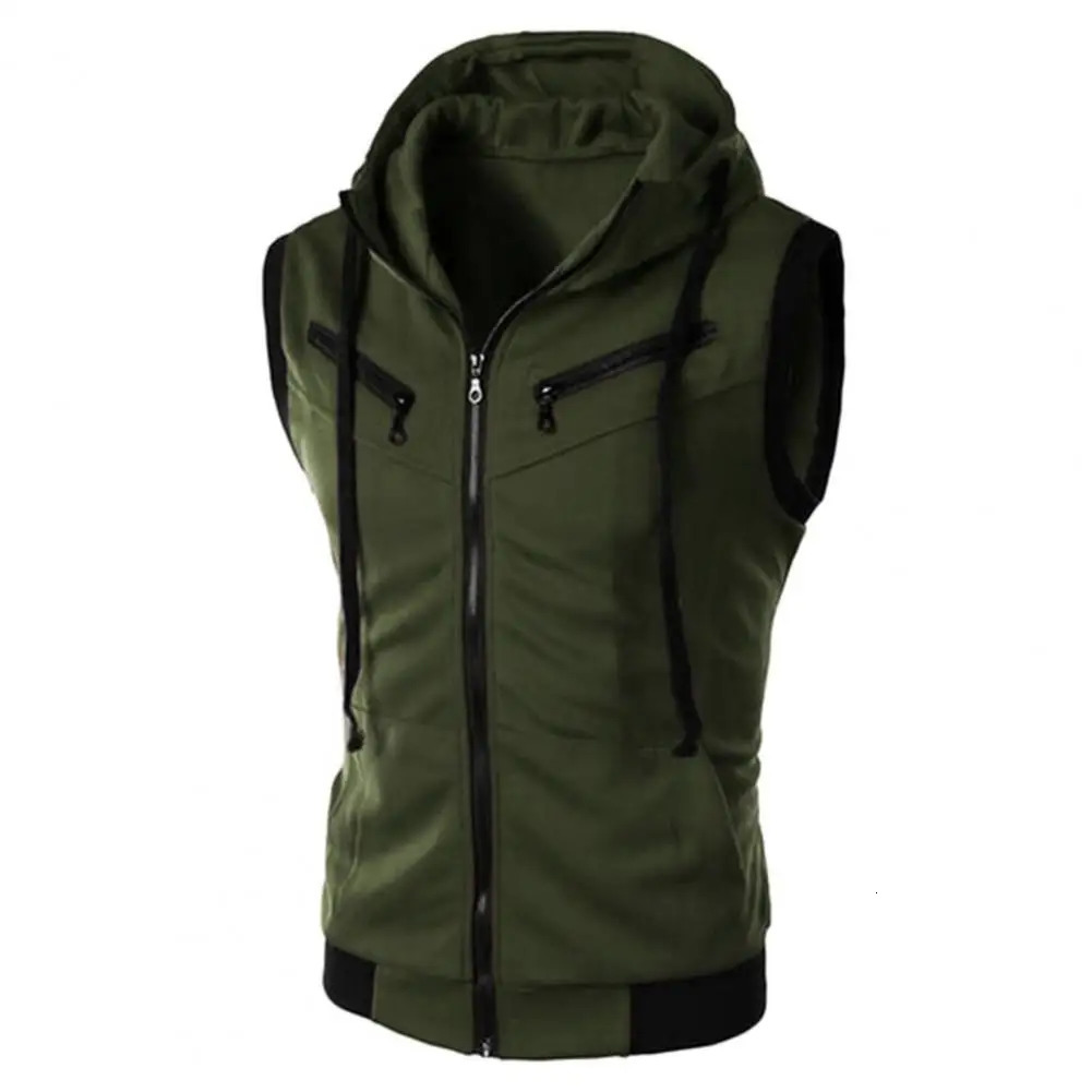 Men Waistcoat Zipper Fly Leisure Summer Waistcoat Drawstring Hooded Multi Pockets Summer Sports Jacket Vest Casual Vest Hoodie 250219