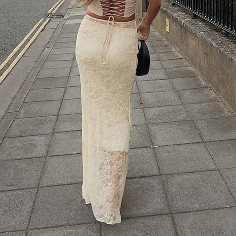 Two Layer Lace Trumpet Mermaid Long Skirts For Women Vintage Elegant Fashion High Waist Skirt Holiday Outfits 250213