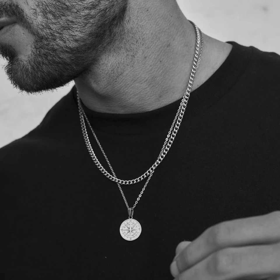 Vnox Layered Necklaces for Men Sailing Travel Compass Pendant Stainl Steel Cuban Figaro Wheat Chain Casual Retro CollarXJ250219