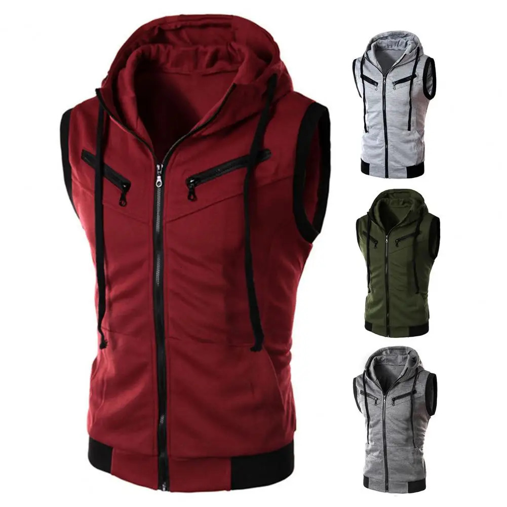Men Waistcoat Zipper Fly Leisure Summer Waistcoat Drawstring Hooded Multi Pockets Summer Sports Jacket Vest Casual Vest Hoodie 250219