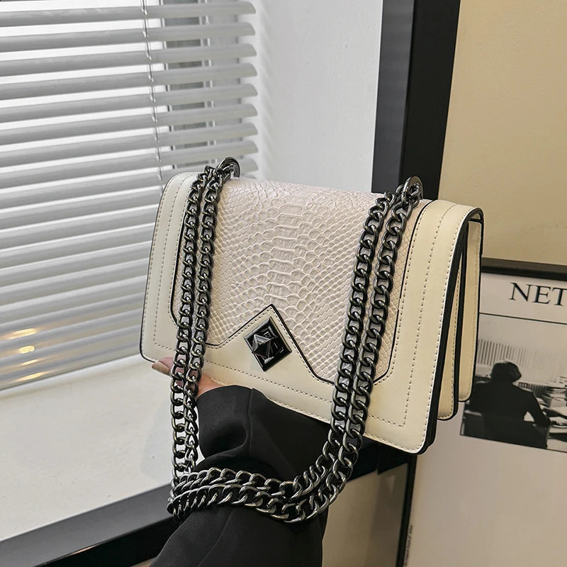 Leather Shoulder Bag Chain Purse for Women Fashion Crossbody Bags Vintage Snake Print Underarm Square Satchel Handbag 250218