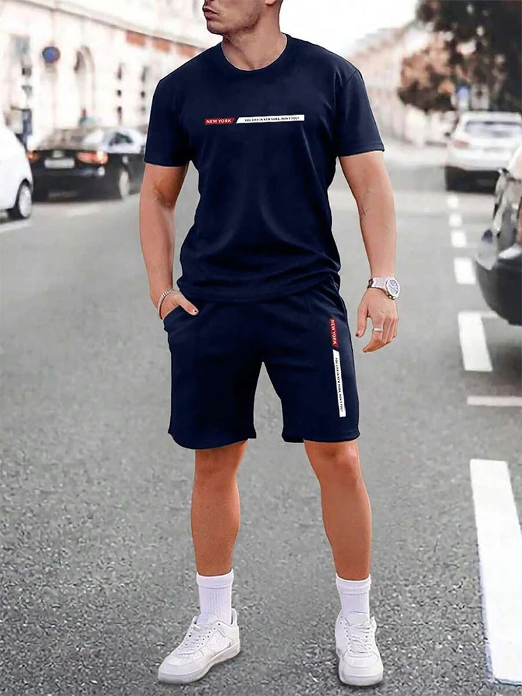 Urban street fashion trend mens crew neck short sleeve suit outdoor simple crew neck top casual and comfortable shorts250214