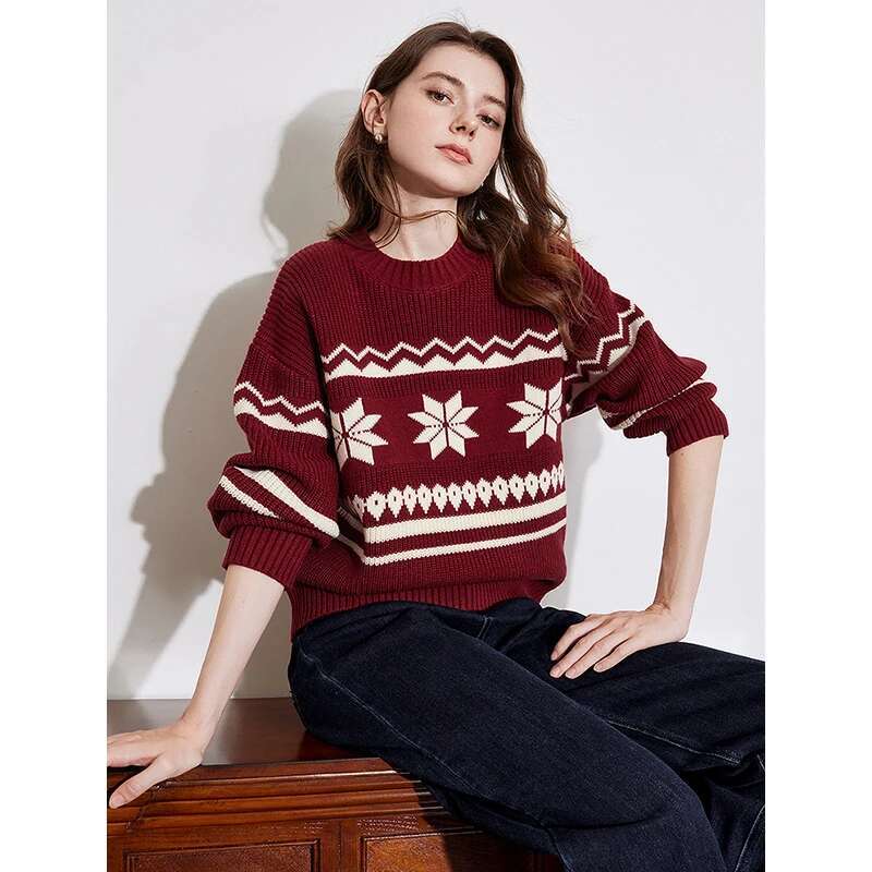2025 Autumn And Winter Women Contrast Round Neck Ankora Red Knitted Sweater Tops