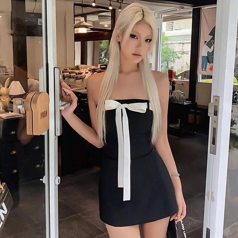 Vintage Sleeveless Off Shoulder Bowknot Tube Tops Strapless Tie Up A-line Short Dress Womens Spring Summer Black Mini Dress 250219