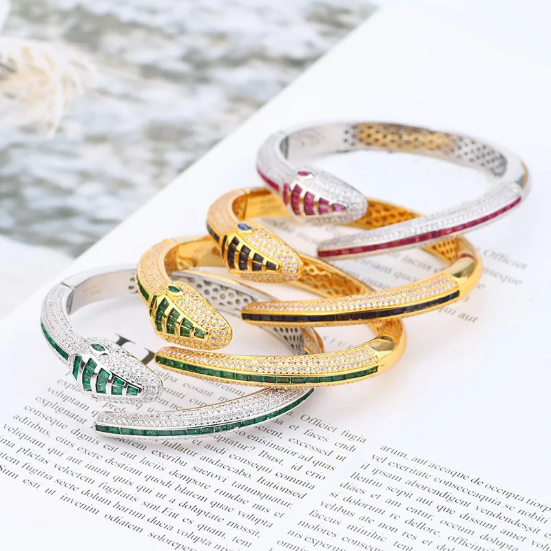 Europe America Style Bracelet Womens Gold Plated Colorful Inlaid Cube Zircon Snake Open Bracelet 250220