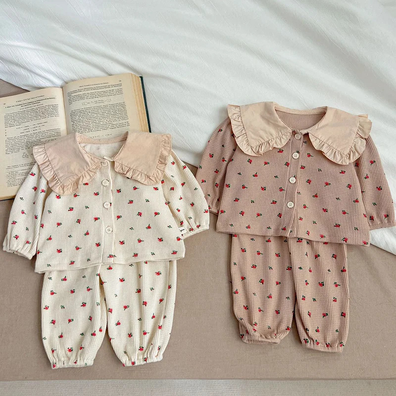 2024 Spring born Baby Girls Clothing Set Long Sleeved Waffle Cotton Printed CardiganPants Toddler Baby Girl Clothes Suit 250220