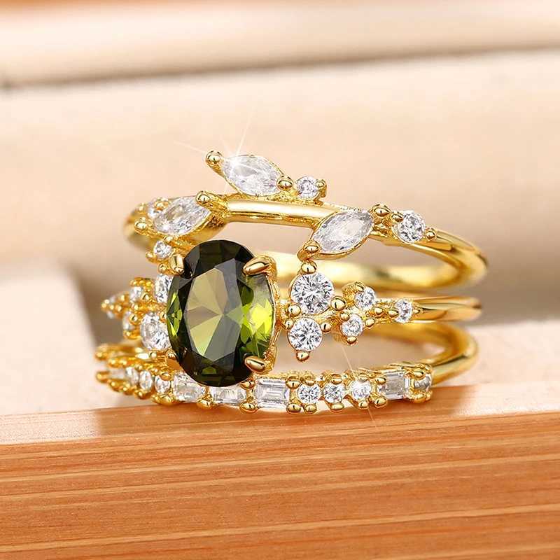 Huitan Gorgeous 3Pcs Set Wen Rings Olive Green Cubic Zirconia Luxury Gold Color Wedding Rings Anniversary Party Trendy Jewelry X250220