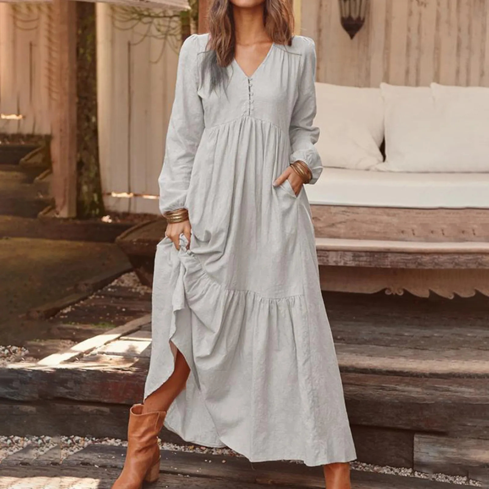 Cotton linen retro casual womens long jumpsuit V-neck long sleeved loose jumpsuit formal elegant party jumpsuit 250220