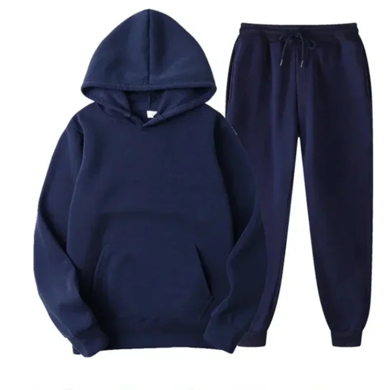 casual loose mens track and field suit hooded sweatshirt with solid thick zipperlong pants 2PCS set autumn wool sports running 250220